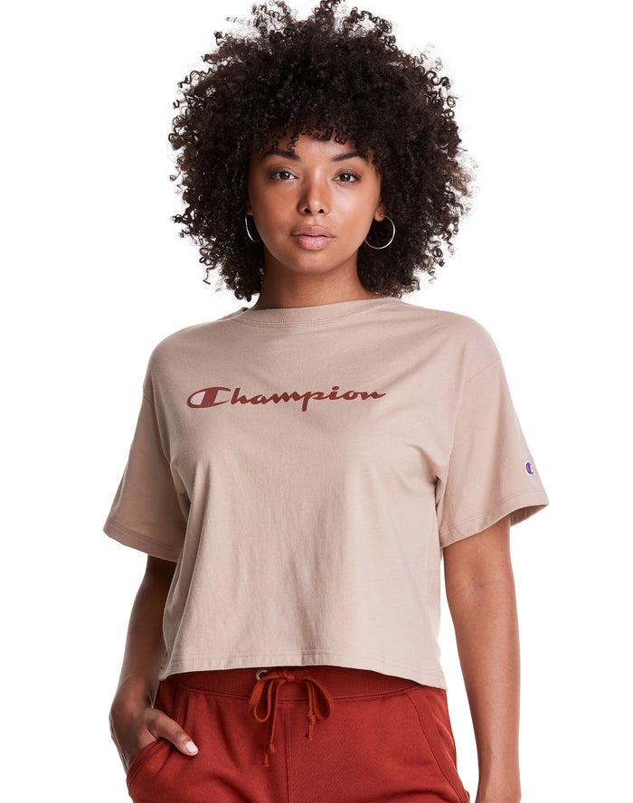 Champion T-Shirt Dames - Khaki - Cropped Script Logo ( 625039-LYQ )